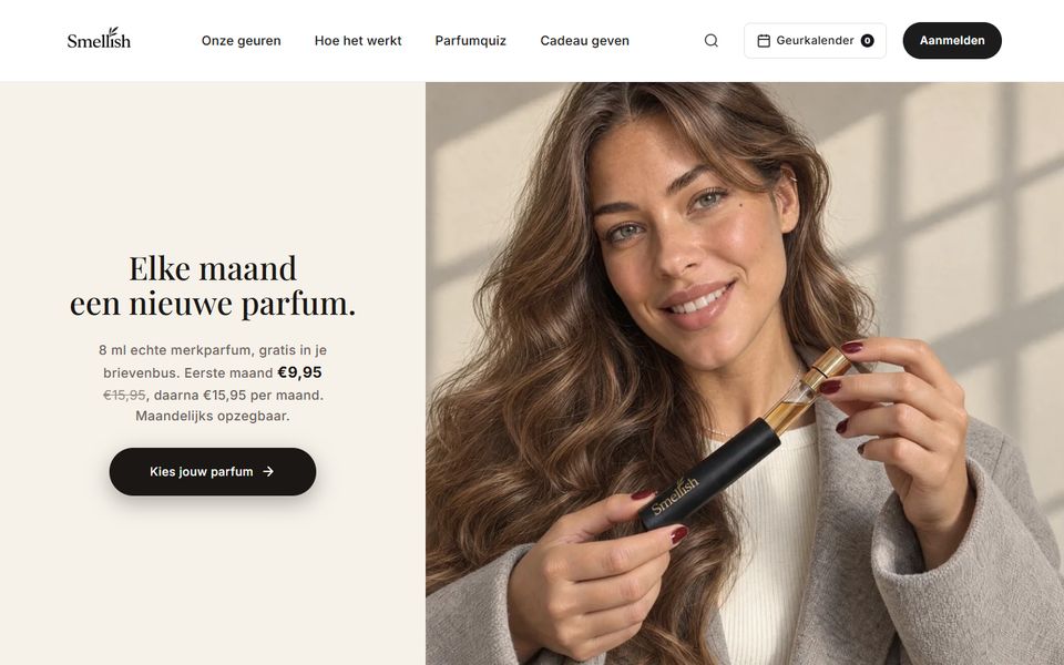 De homepage van webshop Smellish, met parfums en een abonnement